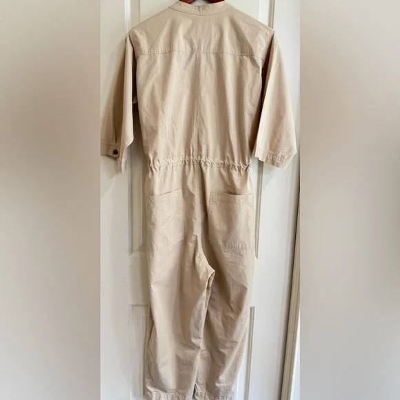 Beige Utility Jumpsuit Button Front Drawstring Waist Cropped Pockets Womens M - Picture 7 of 9